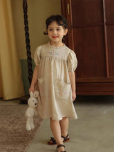 Young Girl's Pure Linen Floral Embroidery Puff Sleeve Dress With Ruffle Collar